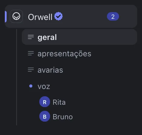 Salas de texto e de voz, com duas pessoas na sala de voz